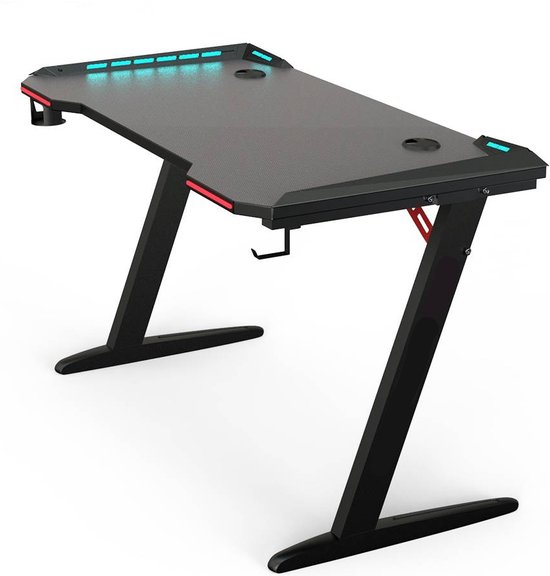 Unidesk Game Bureau - 140x60x73 CM - Gaming desk met LED verlichting - Zwart