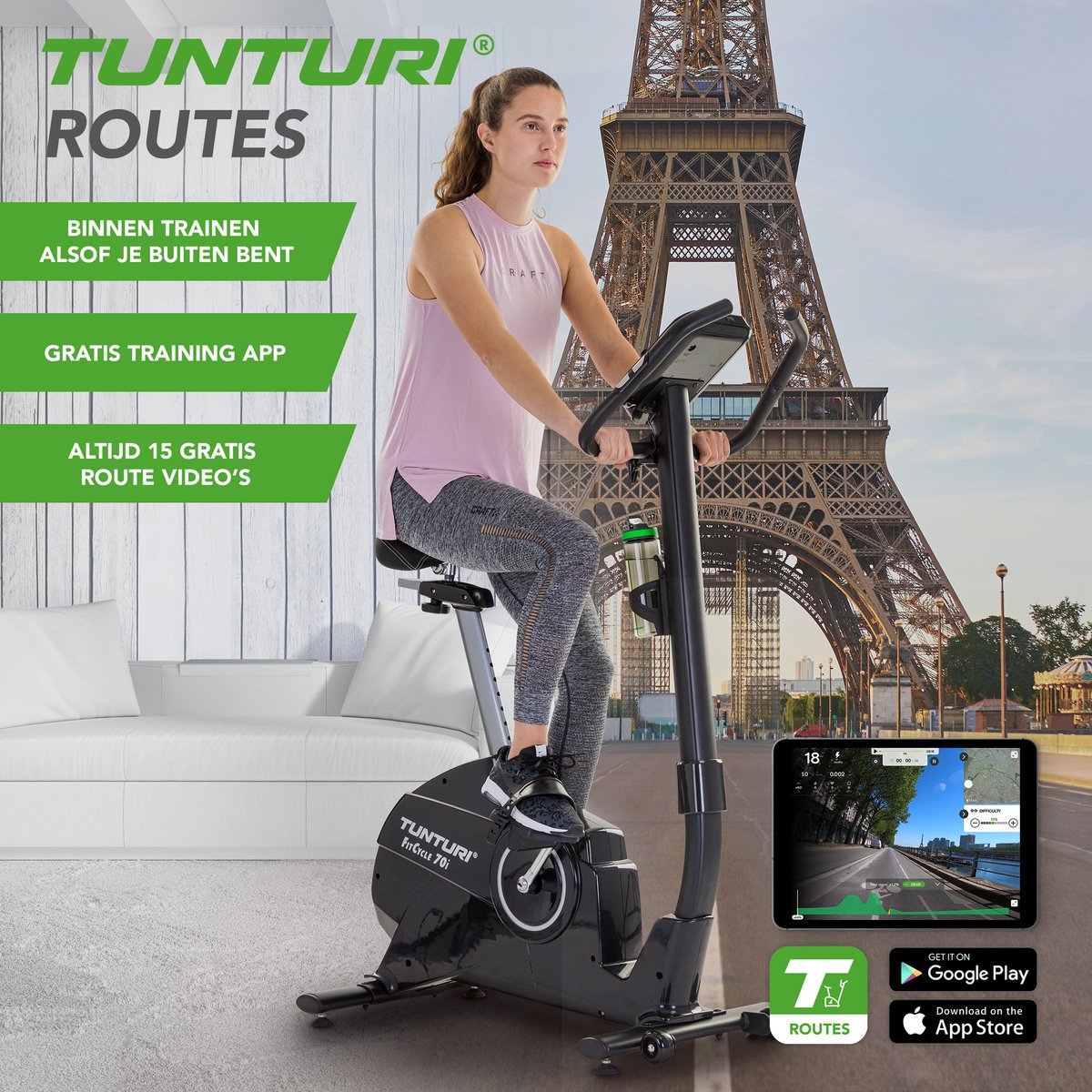 Afbeelding 2 van Tunturi FitCycle 70i Hometrainer - Fitness fiets voor thuis met 32 weerstandsniveaus - Ergometer met 20 programma's - 150 kg gebruikersgewicht - Voorzien van tablethouder en transportwielen - Luxe uitstraling