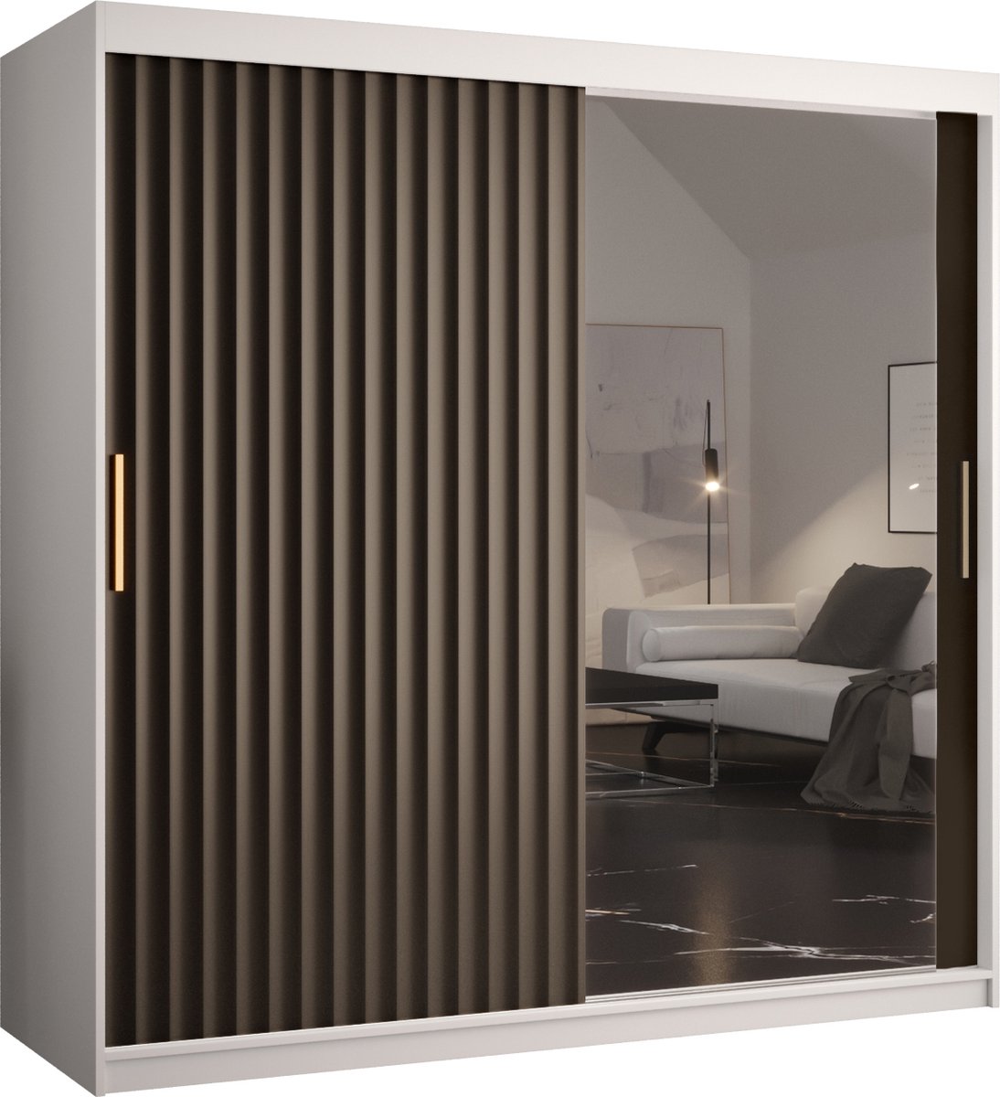 Zweefdeurkast met spiegel Kledingkast met 2 schuifdeuren Garderobekast slaapkamerkast Kledingstang met planken (LxHxP): 180x200x62 cm - Rikid W2 (Wit + Zwart, 180) met lades