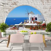 Fotobehangkoning - Behang - Vliesbehang - Fotobehang Uitzicht op Santorini 3D - Summer in Santorini - 400 x 280 cm