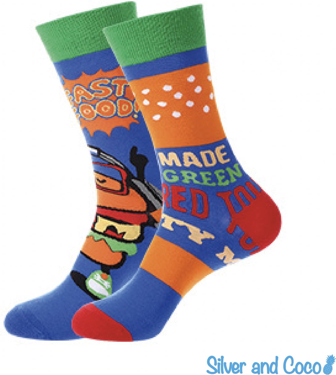 SilverAndCoco - Kerstsokken / Gekke Foute Vrolijke Sokken / Leuke Grappige Dikke Warme Huissokken Dames & Heren Kerstcadeau pakket Katoen / Wintersokken Sinterklaas Socks Mannen Vrouwen Sinterklaas Schoen Kerst Cadeautje - Fast Food Hamburgers
