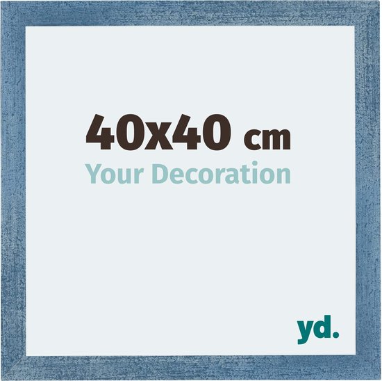 Cadre photo bleu vif 40x40 cm avec finition patinée, logo 'Your Decoration' et yd..