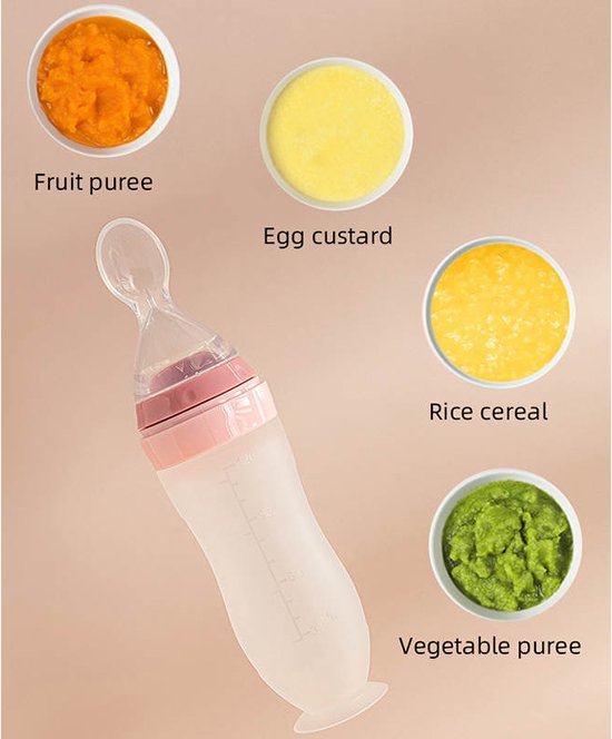 Life Nur - Biberon pressable avec cuillère - Couverts Bébé / Couverts pour enfants - Cadeau maternité - Baby shower - Rose - 120ml