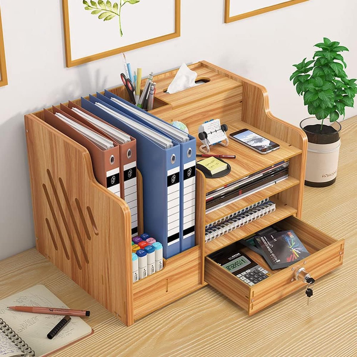 Praktische Bureau-organizer 'Letters' Met 3 Houten Vakken En 1 Lade Brievenplank Brievenbak Wit Naturel