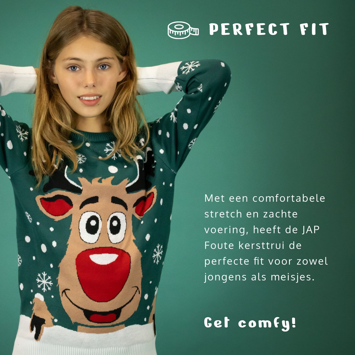 JAP Christmas Kersttrui voor kinderen (maat 98/104) - 100% Gerecycled - Kriebelt niet - Kerstcadeau - Foute Kersttrui jongens en meisjes (3/4 jaar) - Rudolf het Rendier - Groen — afbeelding 4