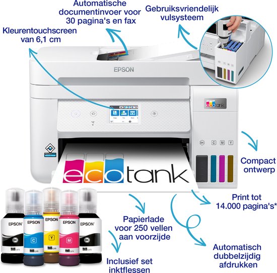 Witte Epson EcoTank printer met de nadruk op kenmerken: kleurentouchscreen van 6,1 cm, automatisch documentinvoer, gebruiksvriendelijk vul-systeem, compact ontwerp.