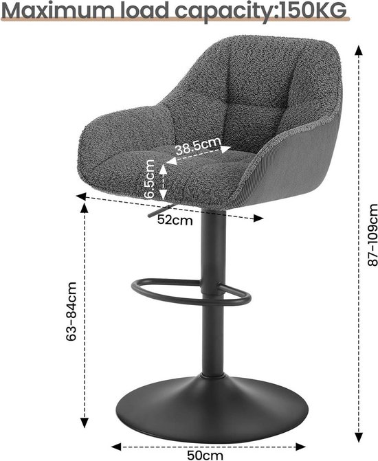 BukkitBow - Tabourets de bar de Luxe en chenille / Fabric/ tissu avec dossier - rotatifs et avec repose-pieds - (hauteur d'assise 63 - 84 cm) - Grijs