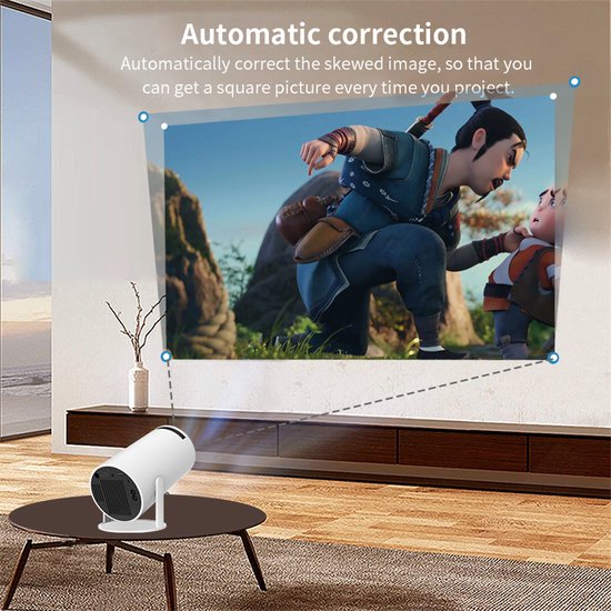 Projector corrigeert automatisch een scheef beeld van een animatie op een muur.