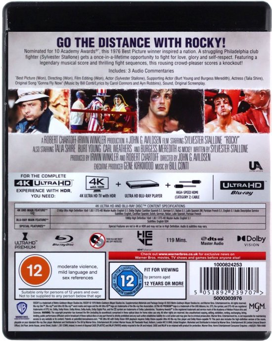 Achterkant van de Rocky Blu-Ray hoes met afbeeldingen van Sylvester Stallone en informatie over de film.