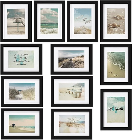 Ocean Set van 12 Fotolijsten Houten Picture Frames – 12 x 13x18cm – Kunststof glas Fotolijst van Hout - Metalen Ophanging - Standaard & Passepartout - Zwart
