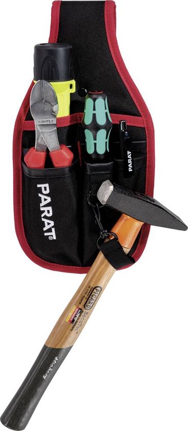 Pochette à outils noire avec des outils: pinces, marteau, tournevis et lampe de poche.