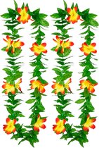 Boland Hawaii krans/slinger - 2x - Tropische kleuren mix groen/geel/rood - Bloemen hals slingers