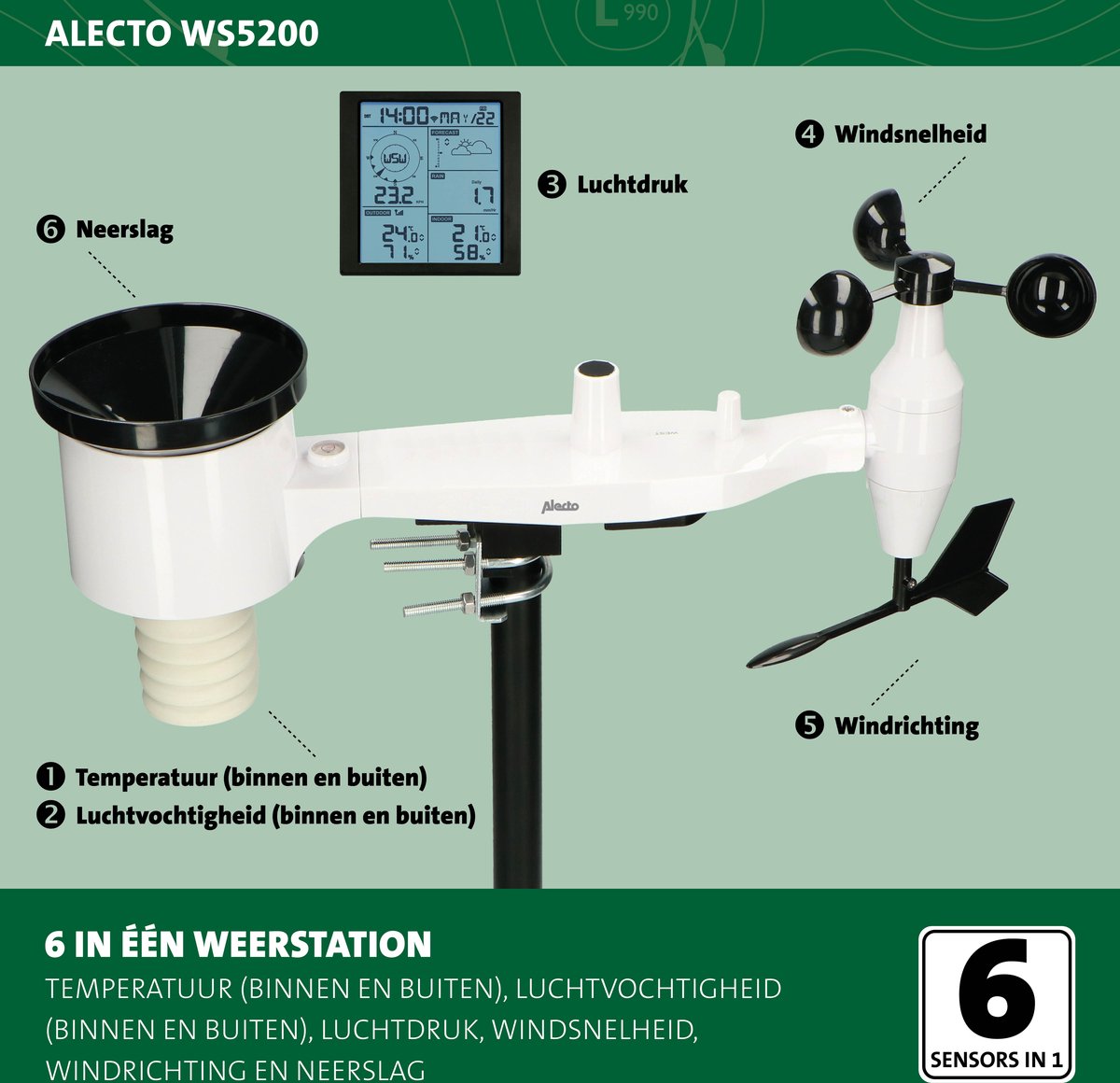 WS-5200 Estación meteorológica inalámbrica digital profesional 6 en 1 wifi  ALECTO