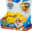 Gele Paw Patrol bulldozer speelgoedauto met Rubble speelfiguur in verpakking.