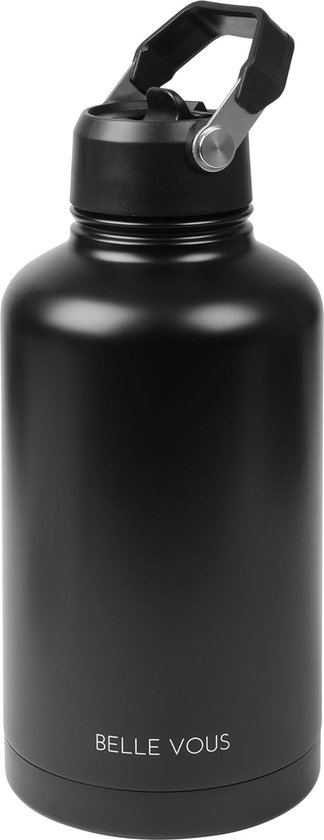 Gourde en acier inoxydable, grande gourde, 1,8 l, en métal, gourde en acier inoxydable pour le fitness ou la salle de sport, gourde à double paroi, grande, avec couvercle en paille et poignée