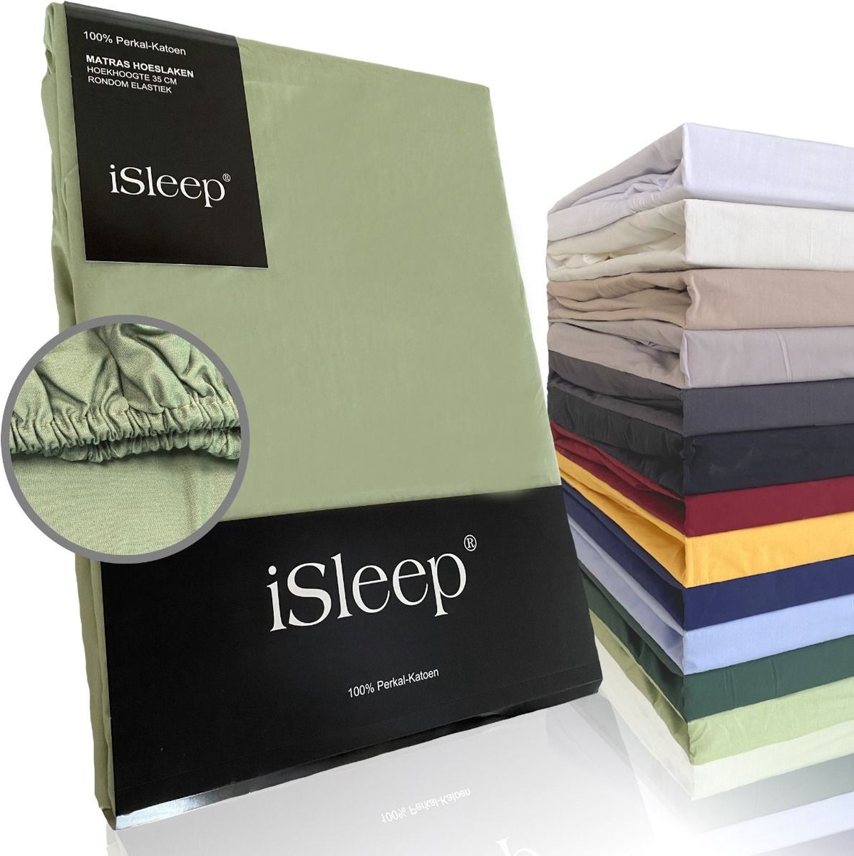 iSleep Perkal Hoeslaken - 100% Perkal Katoen - Hoge Hoek - Rondom Elastiek - Tweepersoons - 160x200 cm - Licht Groen