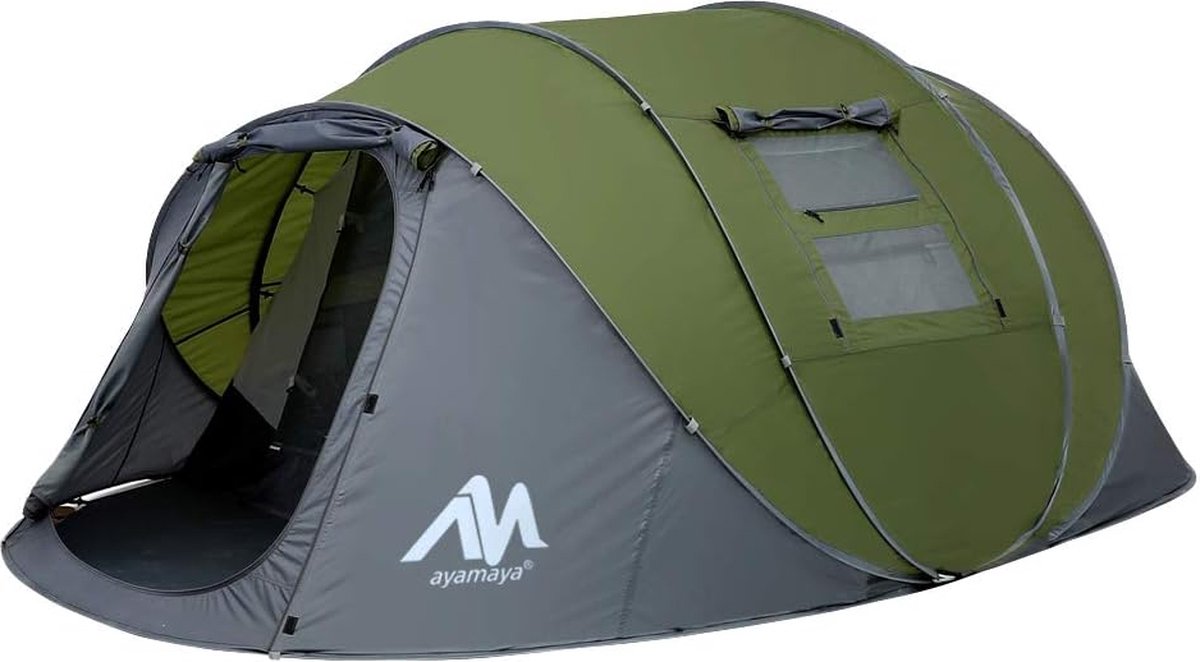 Pop-up Tent - Geschikt Voor 4-6 Personen - Waterdicht - Camping - Familie Tent - Met Luifel en Ingebouwde Bodem - 5 Ramen - 380 x 160 x 130 cm - Kampeertent - Donkergrijs