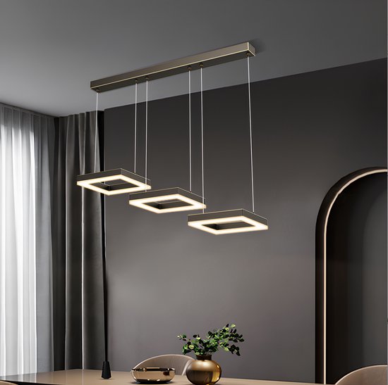 Chandelix - Lampe à suspension Luminosé Carré Zwart- 3 Anneaux carrés - Avec télécommande et application - Industriel, Salle à manger, Chambre, Salon - Carrés LED