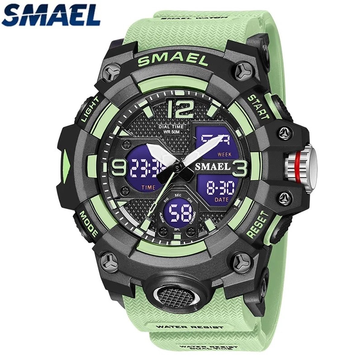 Shockbestendig Heren Horloge Groen| Smael | 8008 | Shock | Waterdicht | Glow in dark | Mud Master | Licht | Rubberen band | Timer | Eyecatcher | Cadeau