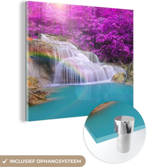 MuchoWow® Glasschilderij 50x50 cm - Schilderij acrylglas - Waterval - Bomen - Regenboog - Paars - Foto op glas - Schilderijen