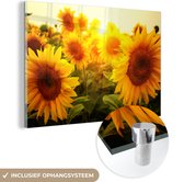 Glasschilderij - Muurdecoratie bloemen - Zonnebloem - Geel - Bloem - Glasschilderij bloemen - Foto op glas - Glazen schilderij - Acrylglas - Wanddecoratie - 180x120 cm - Schilderijen woonkamer