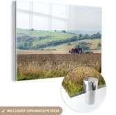 MuchoWow® Glasschilderij 180x120 cm - Schilderij acrylglas - Boer met een ploeg - Foto op glas - Schilderijen