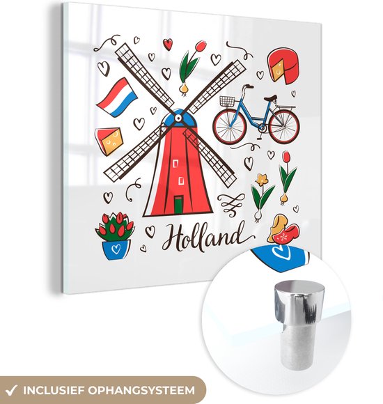 MuchoWow® Glasschilderij 50x50 cm - Schilderij acrylglas - Illustratie van symbolen uit Nederland - Foto op glas - Schilderijen