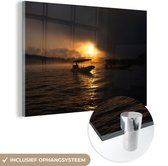 MuchoWow® Glasschilderij 180x120 cm - Schilderij acrylglas - Boot met mist in zonsondergang - Foto op glas - Schilderijen