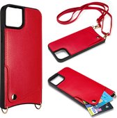 Casemania Hoesje Geschikt voor Apple iPhone 15 Plus Rood - Back Cover met Bandje - Pasjeshouder & Koord