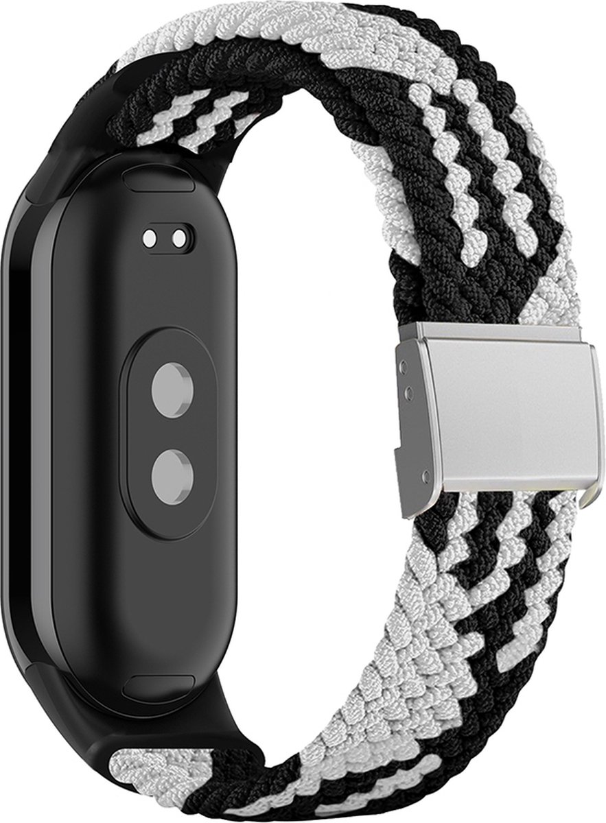 By Qubix - Braided nylon bandje - Zwart met wit - Geschikt voor Xiaomi Smart Band 8 / 9 / 10