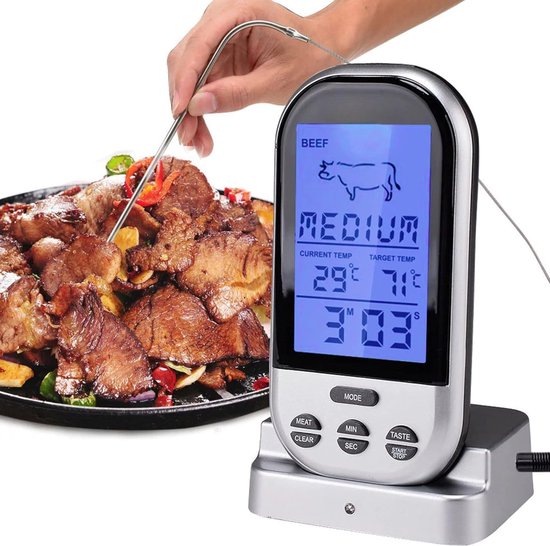 Draadloze Vleesthermometer met Ontvanger, LCD Display en Lange Meetsonde - Thermometer Geschikt voor BBQ , Oven , Vlees , Vis - BBQ Thermometer