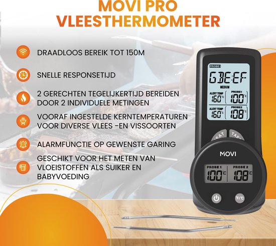 Movi PRO++ - Vleesthermometer - BBQ thermometer – Kamado - Oventhermometer - Vleesthermometer draadloos – Keukenthermometer - Suikerthermometer - Vloeistofthermometer – Barbecue accessoires - Inclusief Batterijen - Kookwekker - Movi