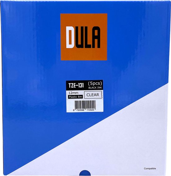 Doos met DULA-labelcassettes, 5 stuks, 12 mm, zwart op transparant.