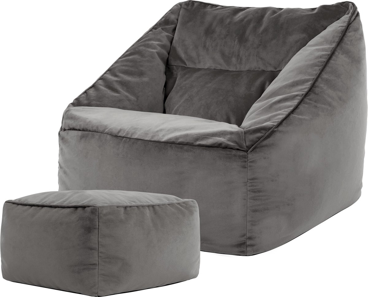 icon - Natalia XL Zitzak Fauteuil met Poef - Velours - Houtskool