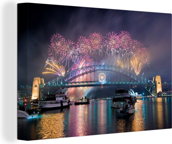 Canvas schilderij 150x100 cm - Wanddecoratie Het vuurwerk boven Sydney tijdens nieuwjaar in Australië - Muurdecoratie woonkamer - Slaapkamer decoratie - Kamer accessoires - Schilderijen