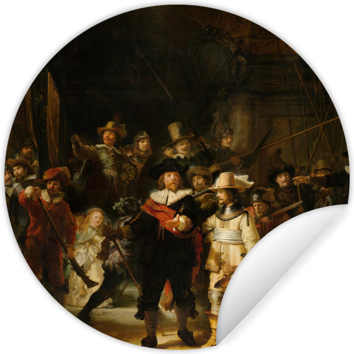 Behangcirkel - Nachtwacht - Rembrandt - Kunst - Oude meesters - Zelfklevend behang - Cirkel behang - Woonkamer decoratie - Ronde wanddecoratie - 120x120 cm - Behangsticker - Wandcirkel - Muurcirkel
