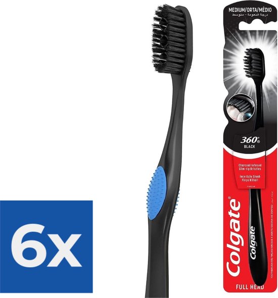 Brosse à dents Colgate 360° Charcoal Black avec des détails de grip bleus, à côté de l'emballage. "6x" est sur un carré bleu.