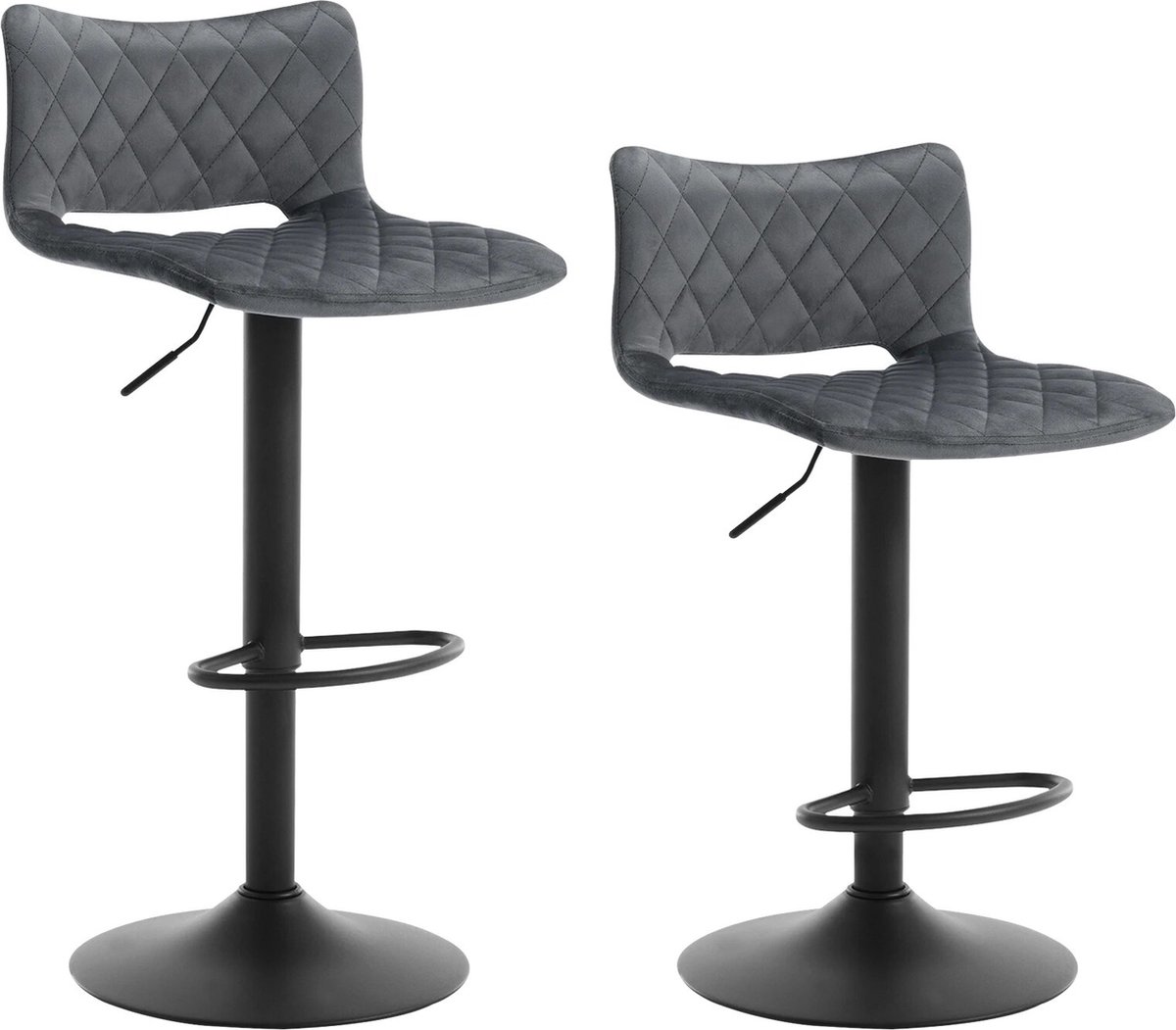 BukkitBow Luxe Barkrukken Velvet Met Rugleuning - Luxe Gestikt Patroon - Draaibaar en met Voetensteun - (59-79CM Zithoogte) - Donker Grijs