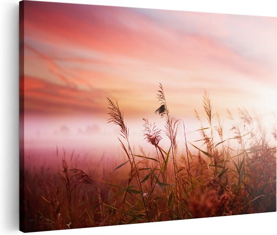 Artaza Canvas Schilderij Mistig Landschap in de Ochtend - 120x80 - Groot - Foto Op Canvas - Wanddecoratie Woonkamer