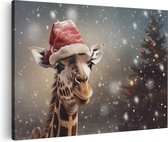 Artaza Canvas Schilderij Giraffe met een Kerstmuts - Kerstmis - 30x20 - Klein - Foto Op Canvas - Canvas Print