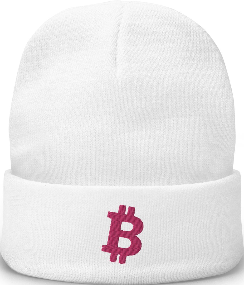 Witte Beanie Winter Muts Met Flamingo Roze Kleurig Geborduurd Bitcoin Logo| Bitcoin cadeau| Crypto cadeau| Bitcoin Muts| Crypto Muts| Bitcoin Beanie| Crypto Beanie| Bitcoin Merch| Crypto Merch| Bitcoin Kleding| Crypto Kleding
