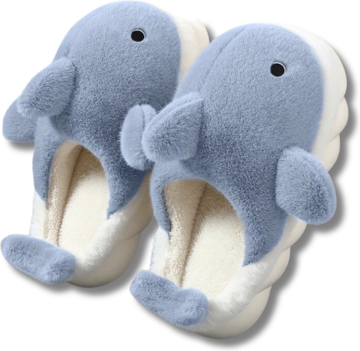 Livano Pantoffels - Sloffen - Slippers - Warme Pantoffels - Dames - Heren - Pluche - Maat 39 En 40 - Haai - Blauw