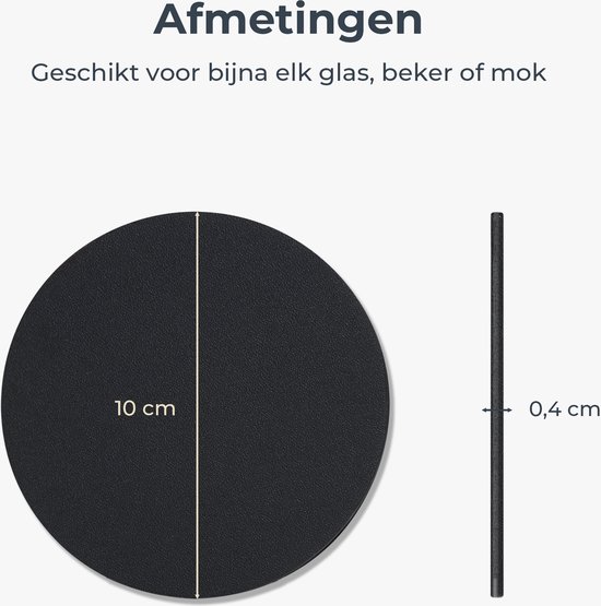 Dimensions d'un sous-verre rond noir : 10 cm de large et 0,4 cm d'épaisseur. Convient à tout verre, gobelet ou tasse.