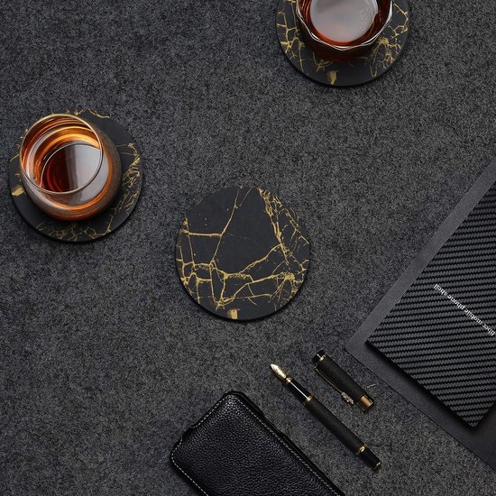 Sous-verres en cuir Castagnola avec support - Sous-verres de verre pour Verres - Design de Sous-verres - Ensemble de sous-verres - Sous-verres de verre - Cuir - Sous-verres en cuir - Set de 6 - Zwart/ Or