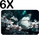 BWK Flexibele Placemat - Witte Vlinder op Witte Bloemen in een Donkere Omgeving - Set van 6 Placemats - 45x30 cm - PVC Doek - Afneembaar