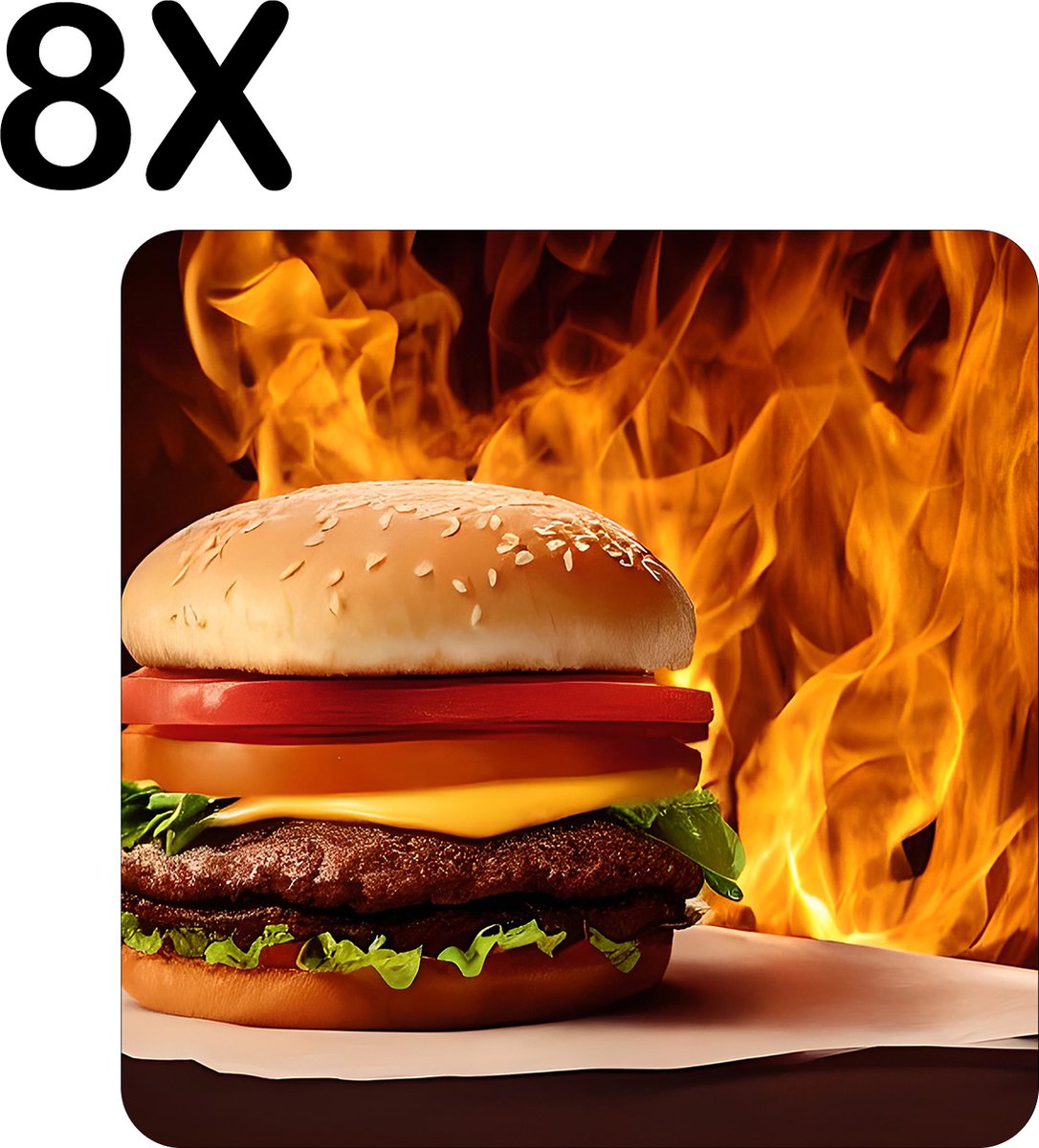 BWK Flexibele Placemat - Vlammende Hamburger - Set van 8 Placemats - 40x40 cm - PVC Doek - Afneembaar