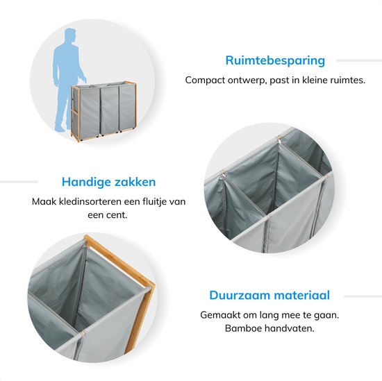 ACAZA Grand Trieur à Linge 3 Compartiments - Panier à Linge XL - Tissu/ Bamboe - Gris Vert
