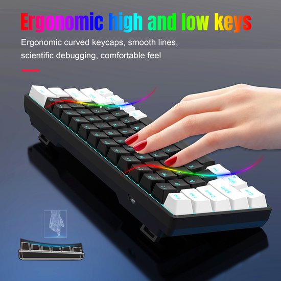 Close-up van een hand die op een ergonomisch gevormd compact toetsenbord met gekleurde lichteffecten typt.