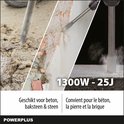 Collage van drie beelden die beton, baksteen en steen breken met een gele en grijze breekhamer. Tekst: 1300W - 25J. Geschikt voor beton, baksteen & steen.