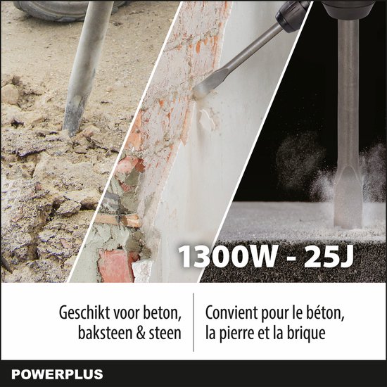 Collage van drie beelden die beton, baksteen en steen breken met een gele en grijze breekhamer. Tekst: 1300W - 25J. Geschikt voor beton, baksteen & steen.